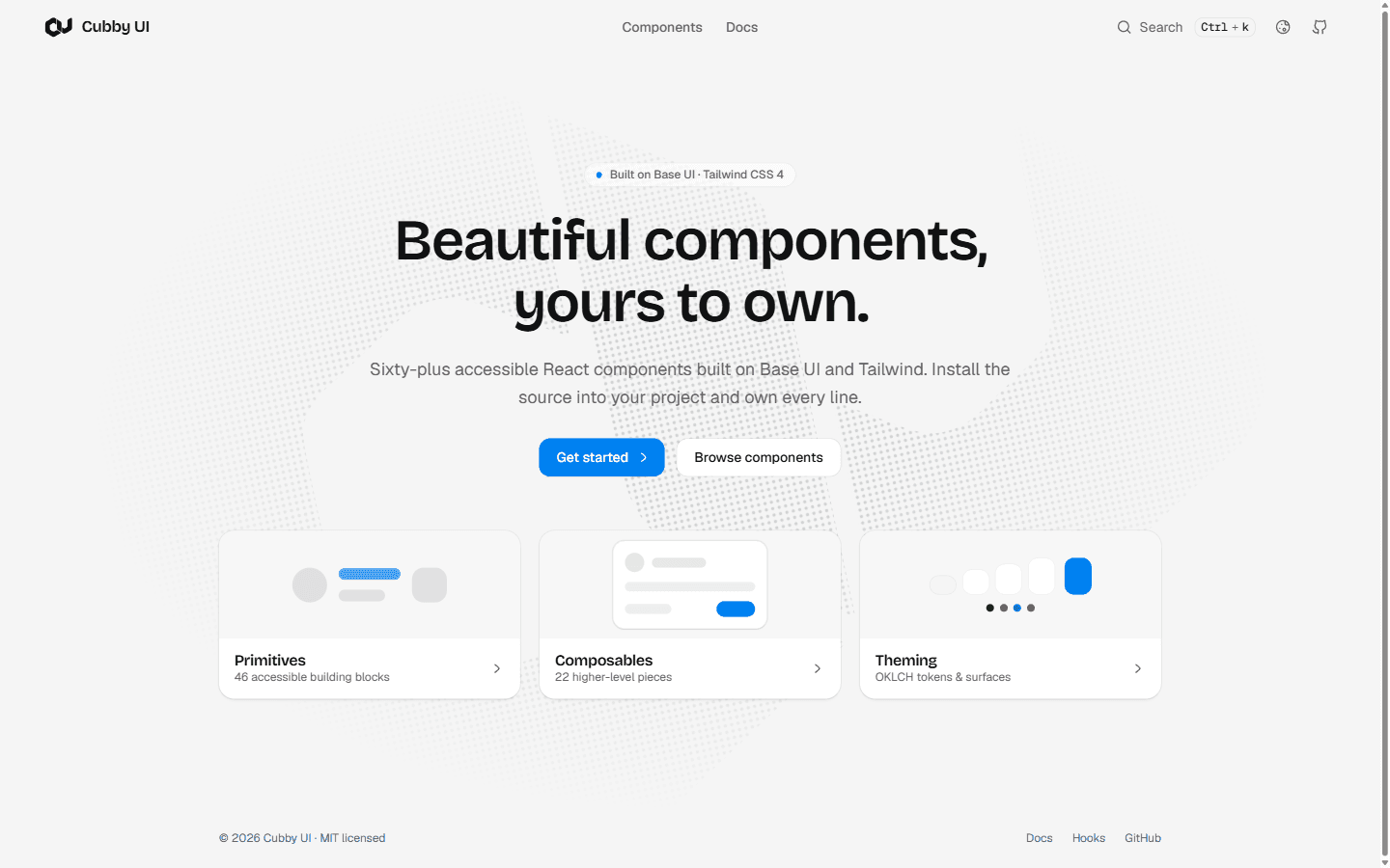 The cubby-ui homepage: a hero reading 'Beautiful components, yours to own' above primitive, composable, and theming preview cards.