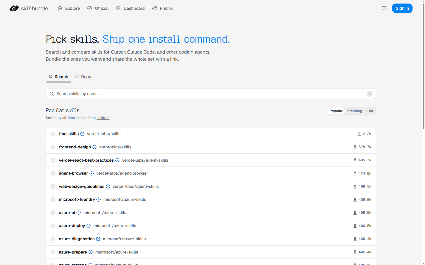 The SkillBundle homepage: a search interface listing popular AI coding-assistant skills ranked by install count.